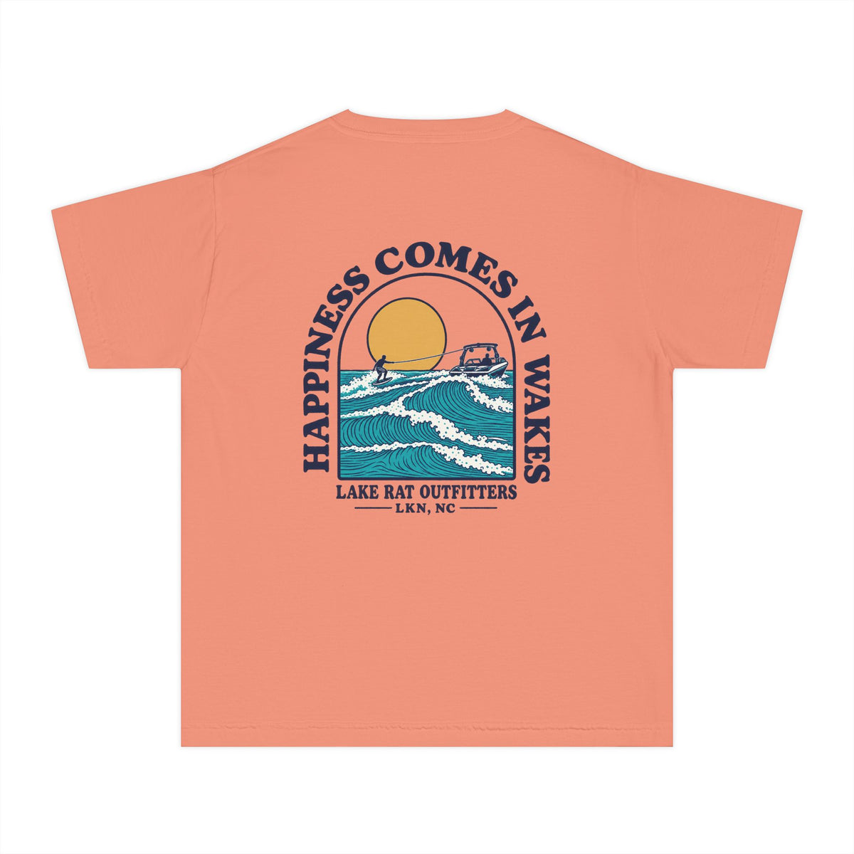 Youth Tee — 'Happiness Comes in Wakes' Lake Boat Surf Graphic