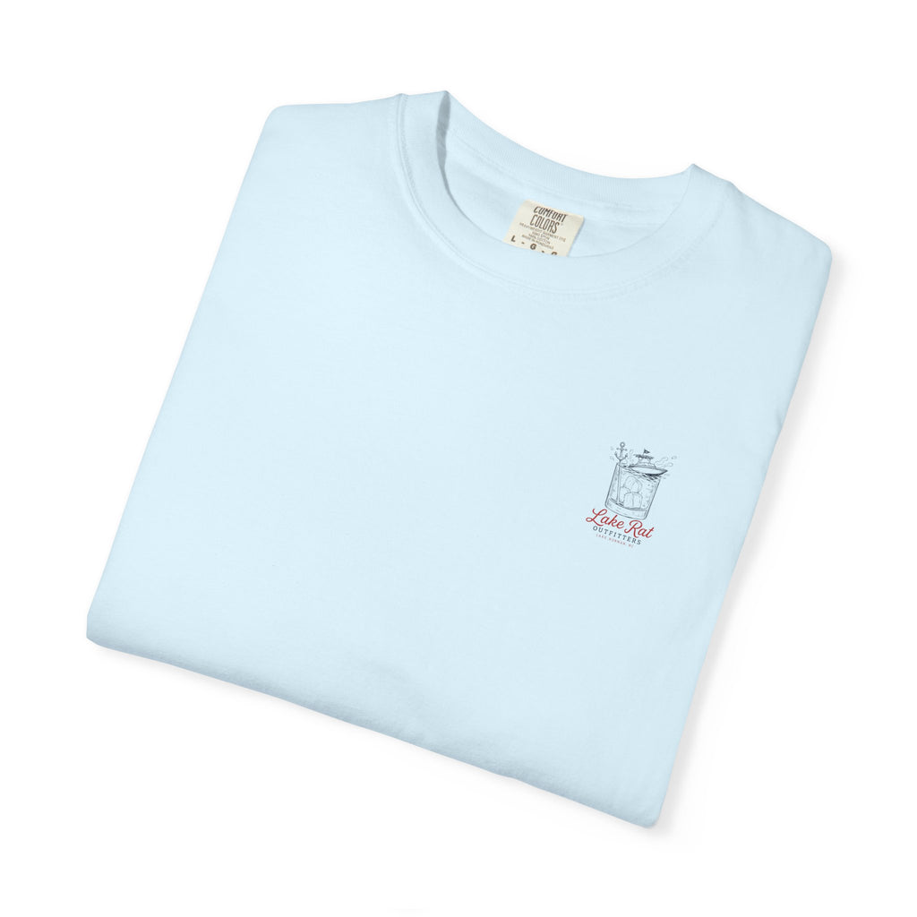 Lake Rat Outfitters T-Shirt — Nautical Boat Over Whiskey Glass Back Graphic