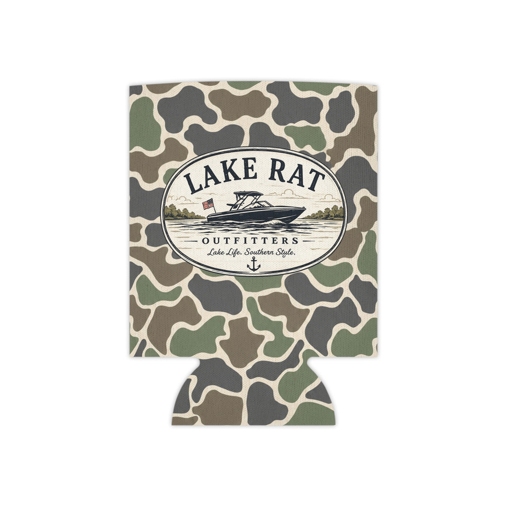 Lake Rat Can Cooler — Camo Boat Logo Beverage Koozie