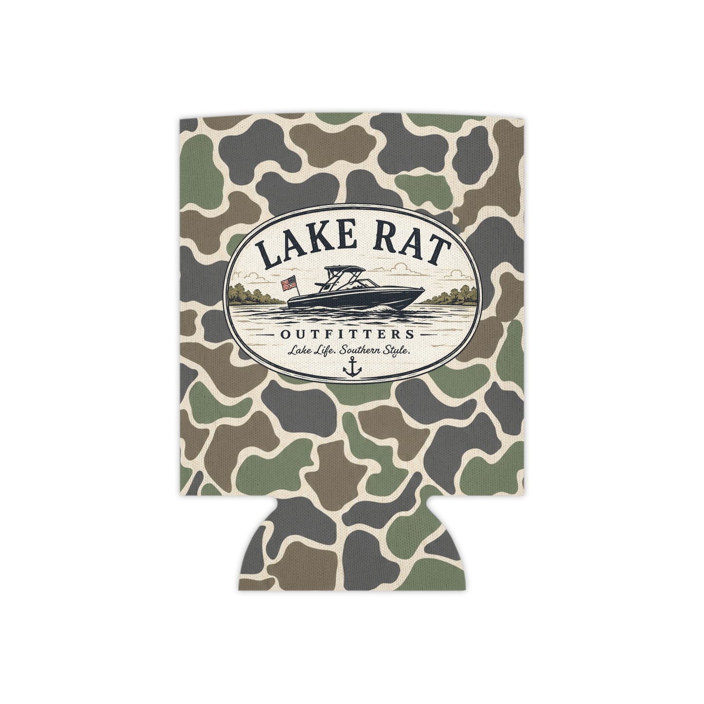 Lake Rat Can Cooler — Camo Boat Logo Beverage Koozie