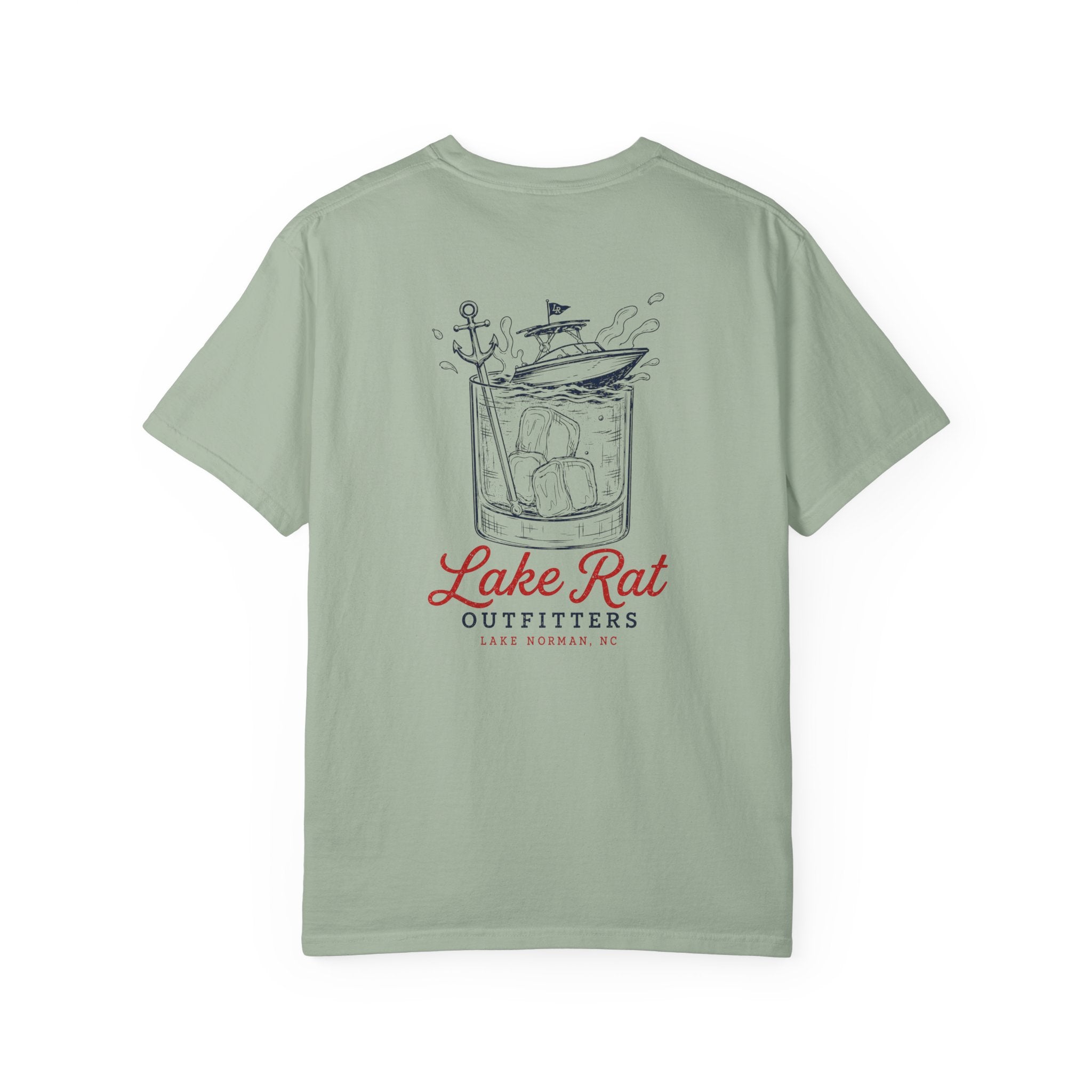 Lake Rat Outfitters T-Shirt — Nautical Boat Over Whiskey Glass Back Graphic