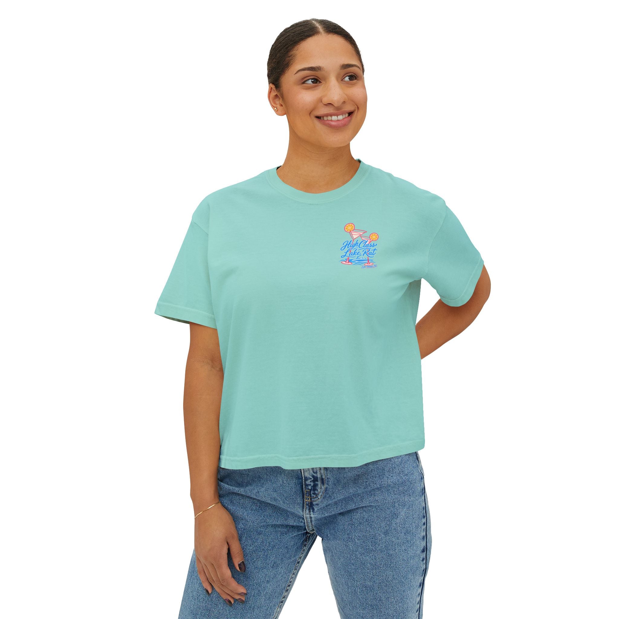 High Class Lake Rat Boxy Tee — Women's Crop T‑Shirt with Cocktail Lake Graphic