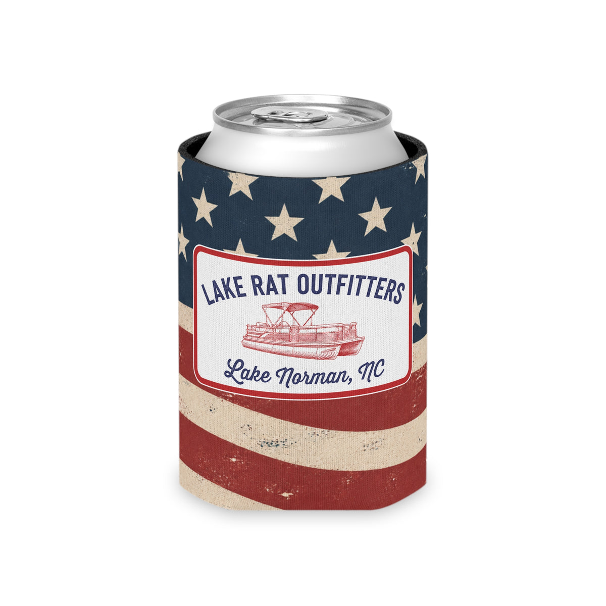 Lake Rat Outfitters Can Cooler — American Flag Boat Koozie (Lake Norman, NC)