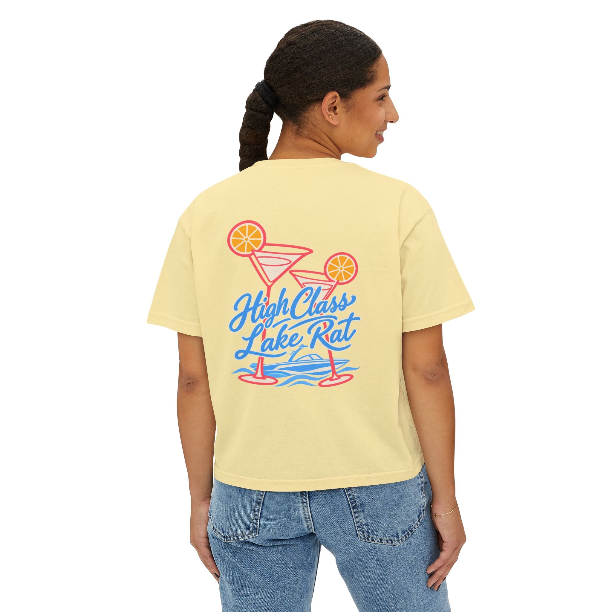 High Class Lake Rat Boxy Tee — Women's Crop T‑Shirt with Cocktail Lake Graphic