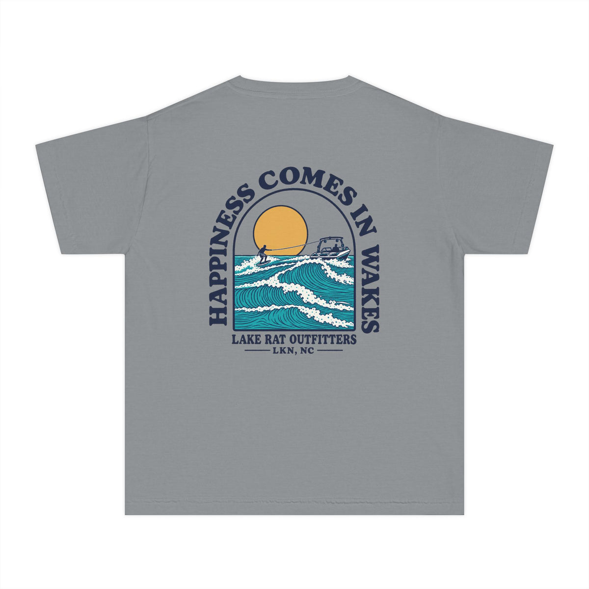 Youth Tee — 'Happiness Comes in Wakes' Lake Boat Surf Graphic