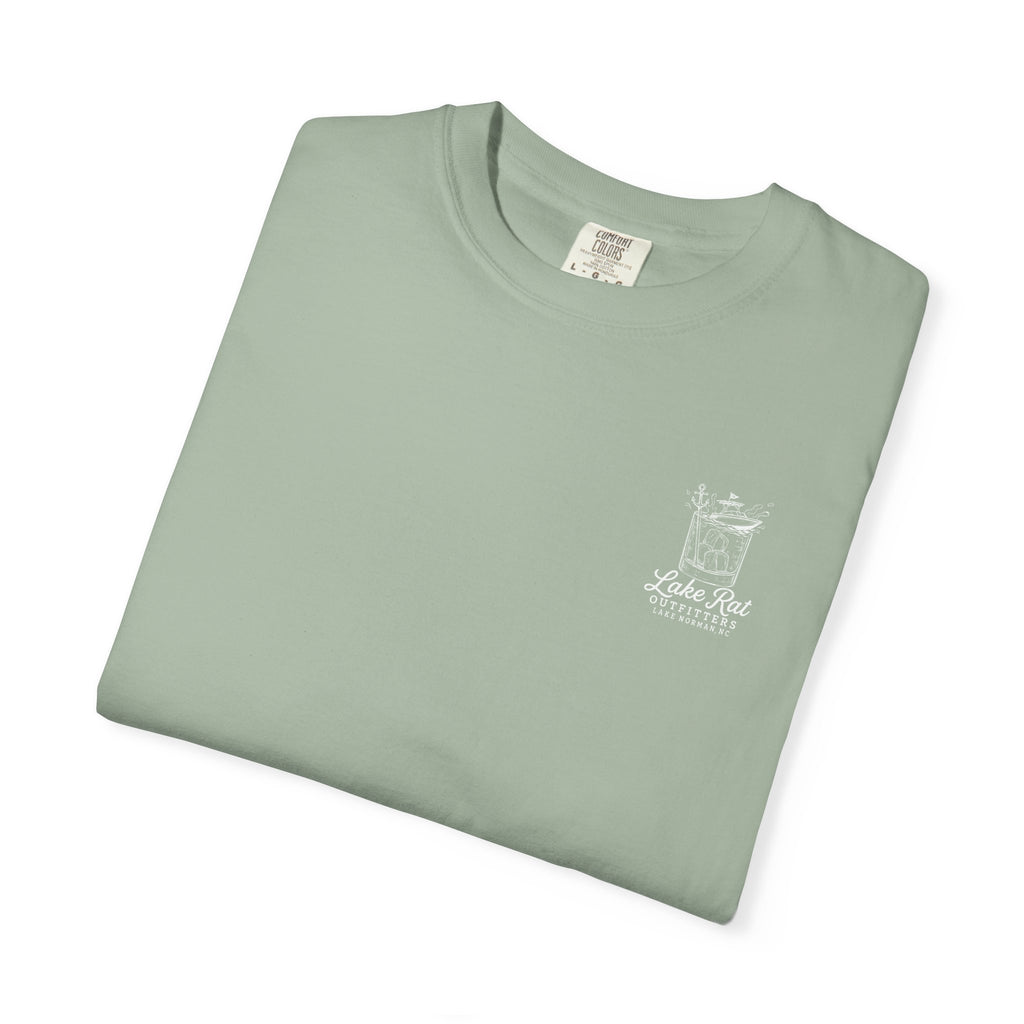 Lake Rat Outfitters T-Shirt — Nautical Boat Over Whiskey Glass Back Graphic