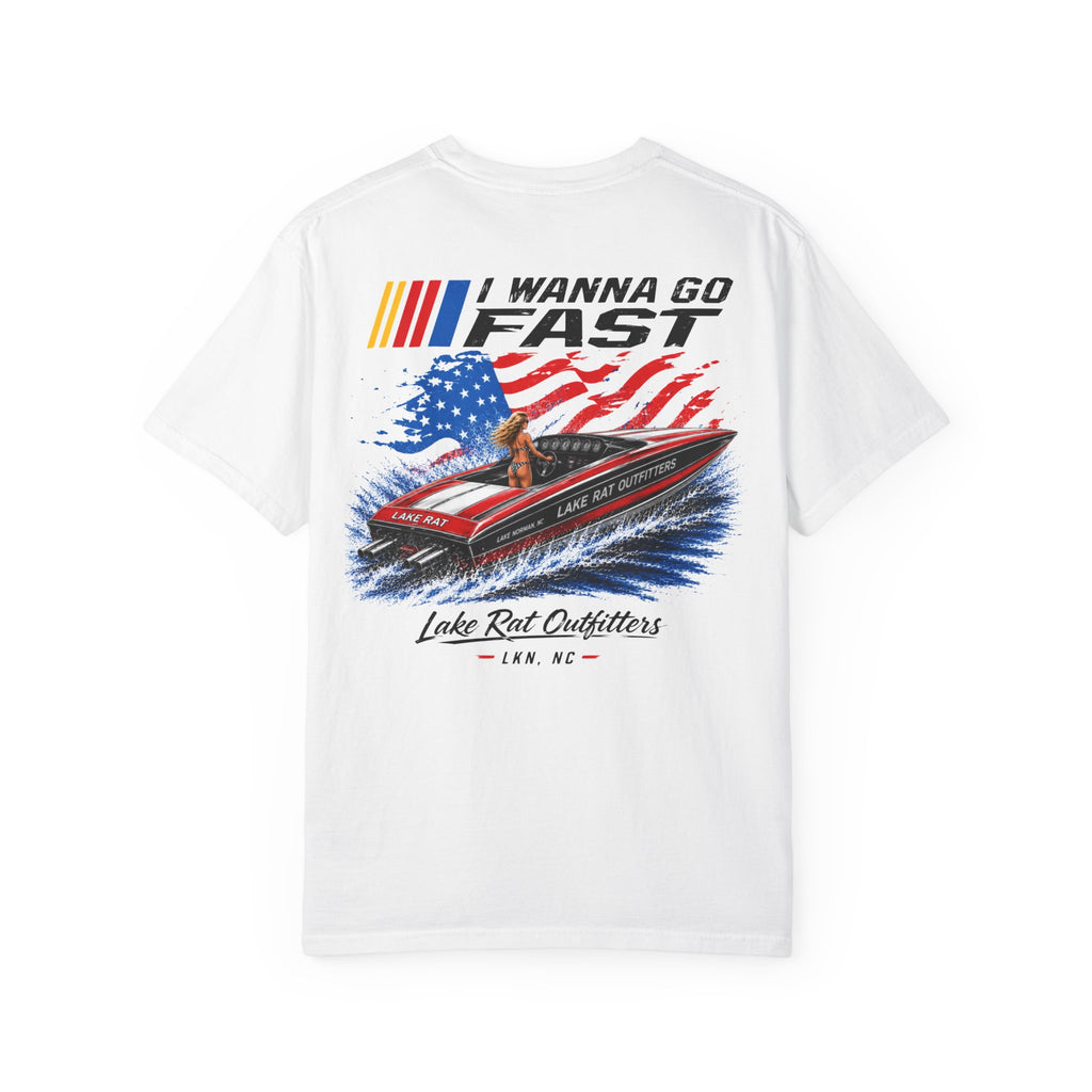 I Wanna Go Fast Boat T-Shirt — Retro American Flag Speedboat Tee