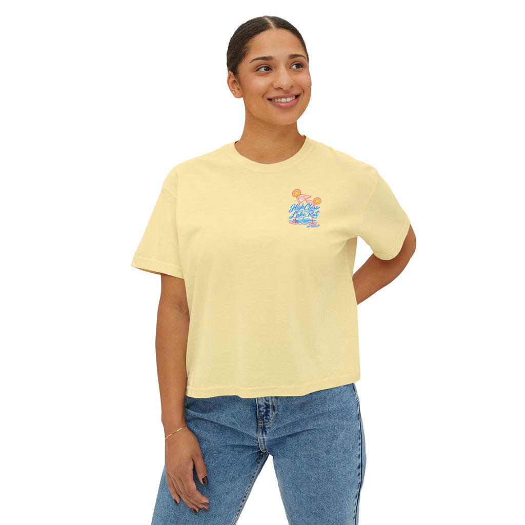 High Class Lake Rat Boxy Tee — Women's Crop T‑Shirt with Cocktail Lake Graphic