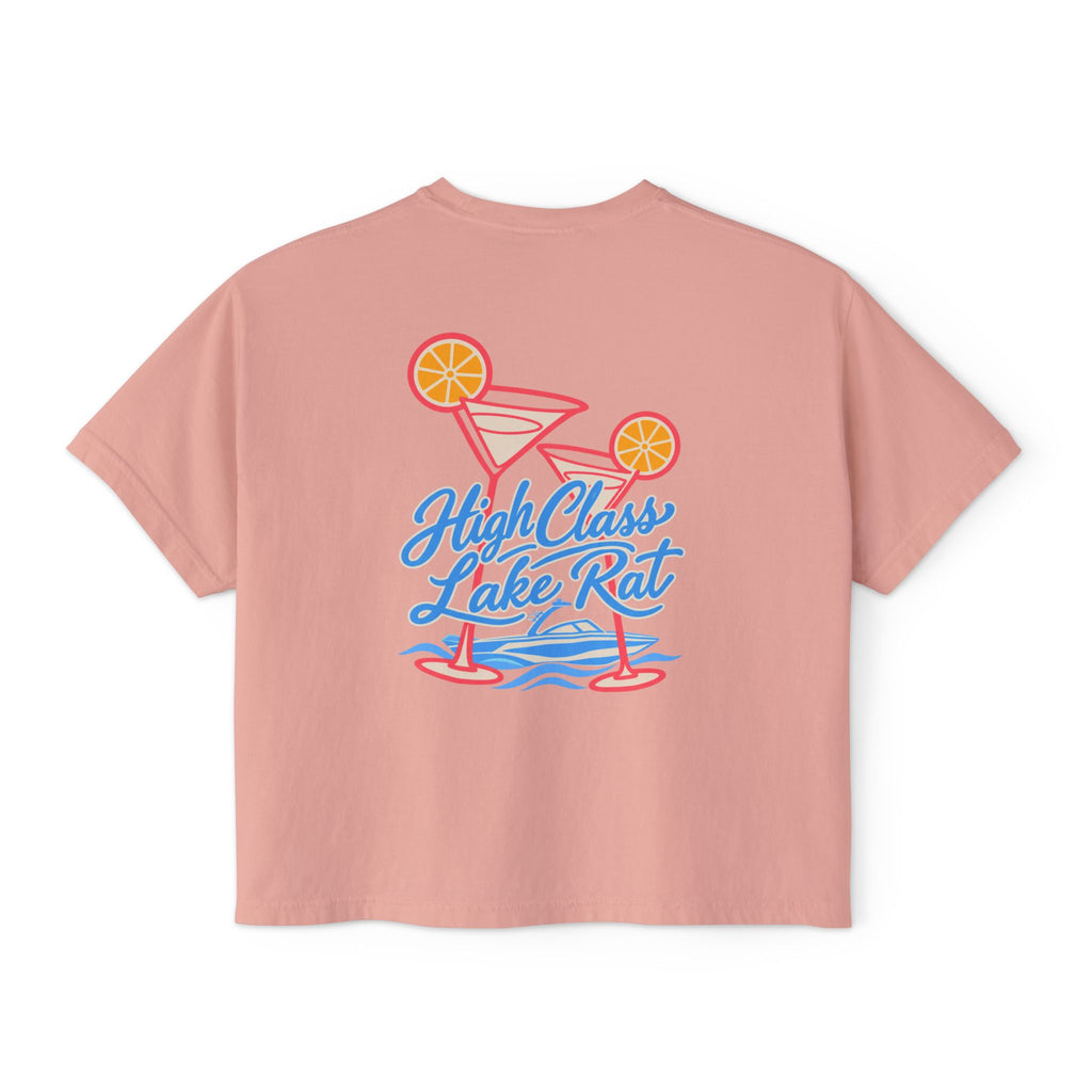 High Class Lake Rat Boxy Tee — Women's Crop T‑Shirt with Cocktail Lake Graphic