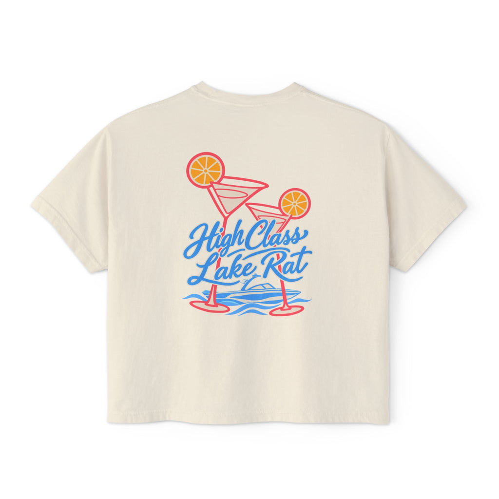 High Class Lake Rat Boxy Tee — Women's Crop T‑Shirt with Cocktail Lake Graphic