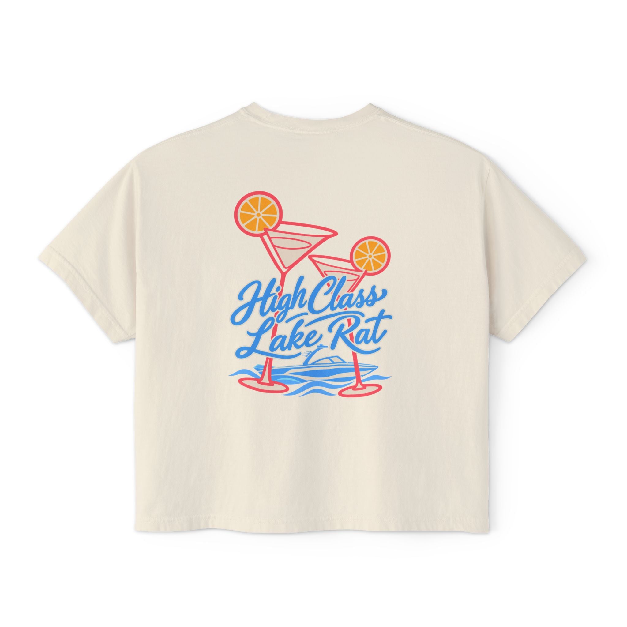 High Class Lake Rat Boxy Tee — Women's Crop T‑Shirt with Cocktail Lake Graphic