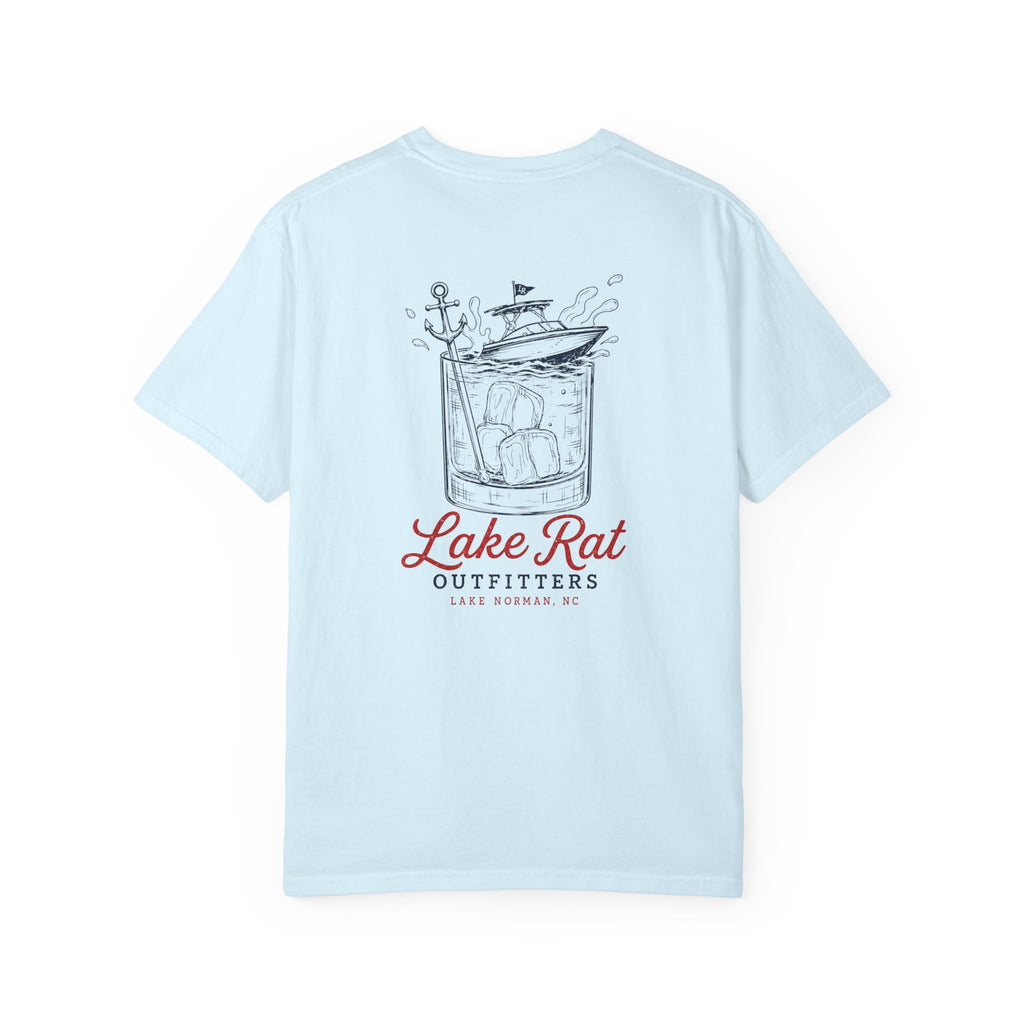 Lake Rat Outfitters T-Shirt — Nautical Boat Over Whiskey Glass Back Graphic