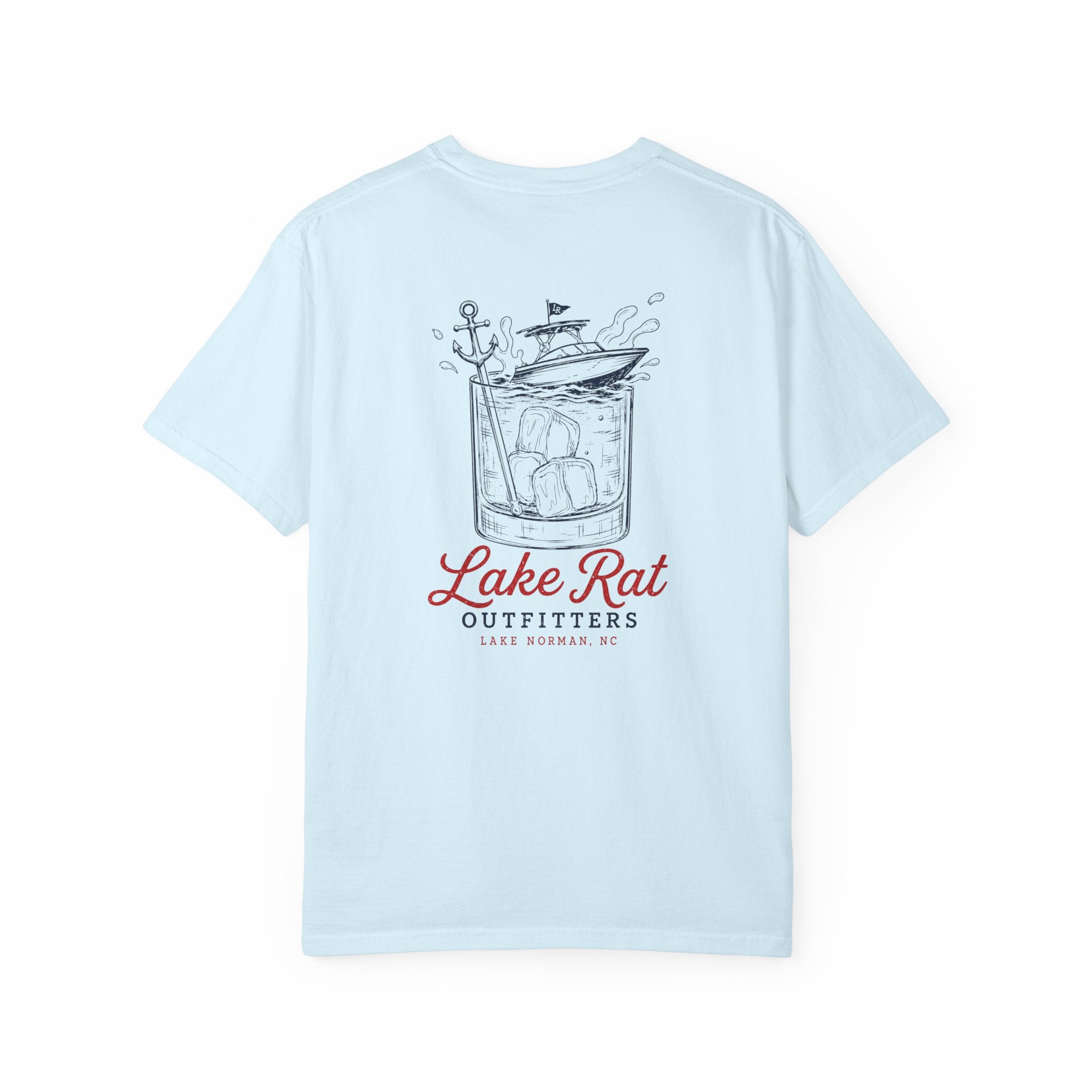 Lake Rat Outfitters T-Shirt — Nautical Boat Over Whiskey Glass Back Graphic