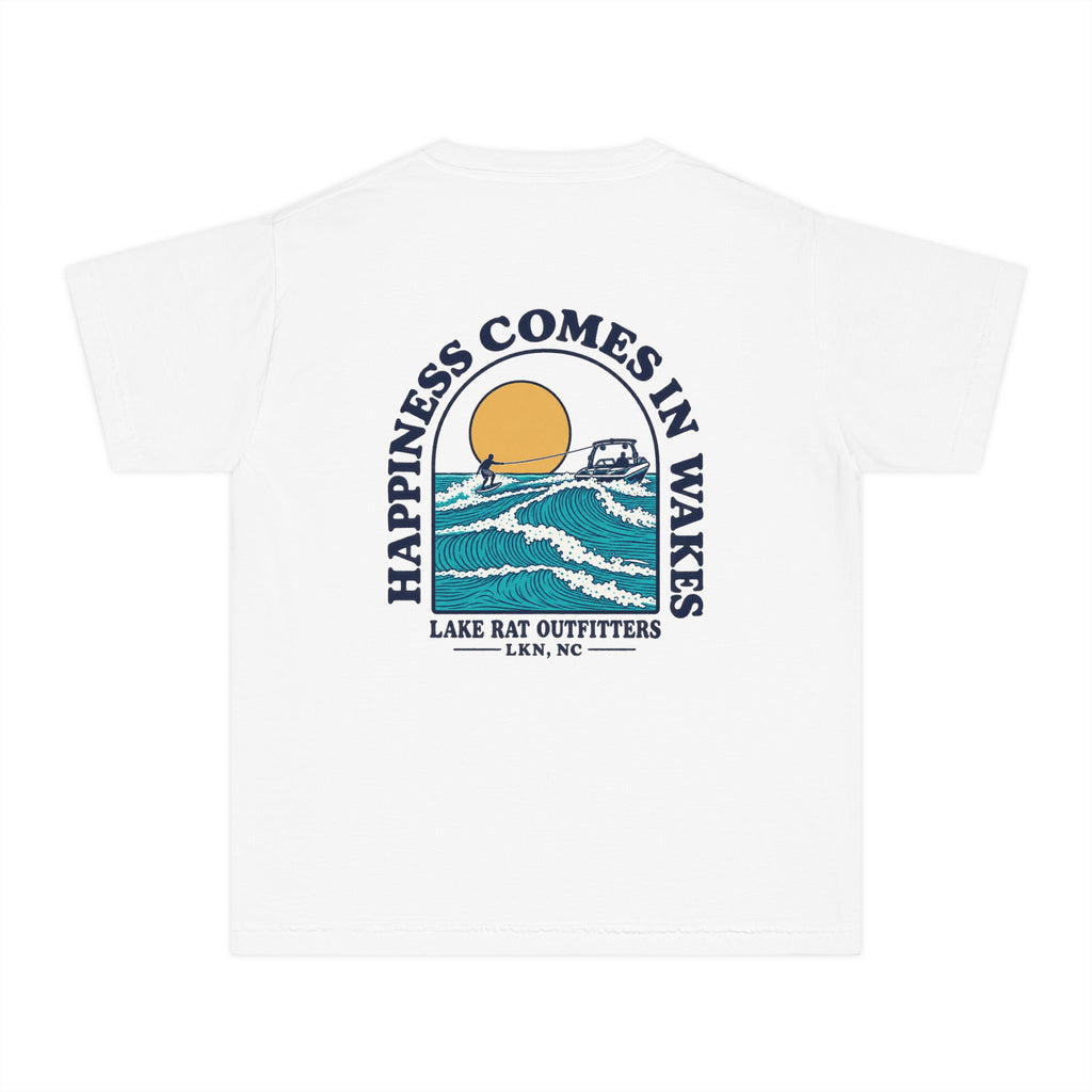Youth Tee — 'Happiness Comes in Wakes' Lake Boat Surf Graphic