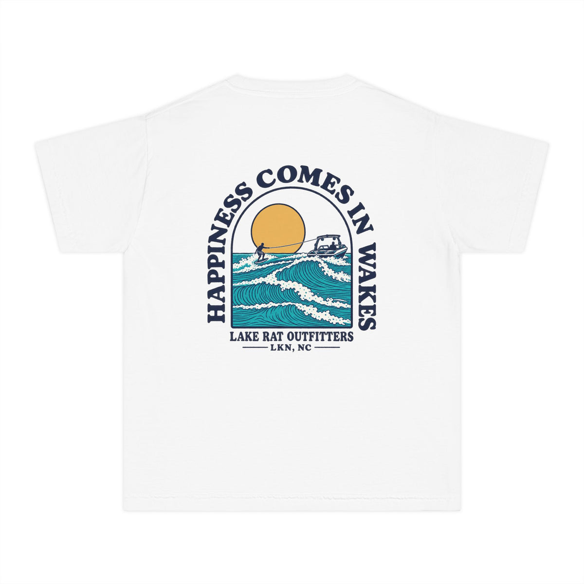 Youth Tee — 'Happiness Comes in Wakes' Lake Boat Surf Graphic