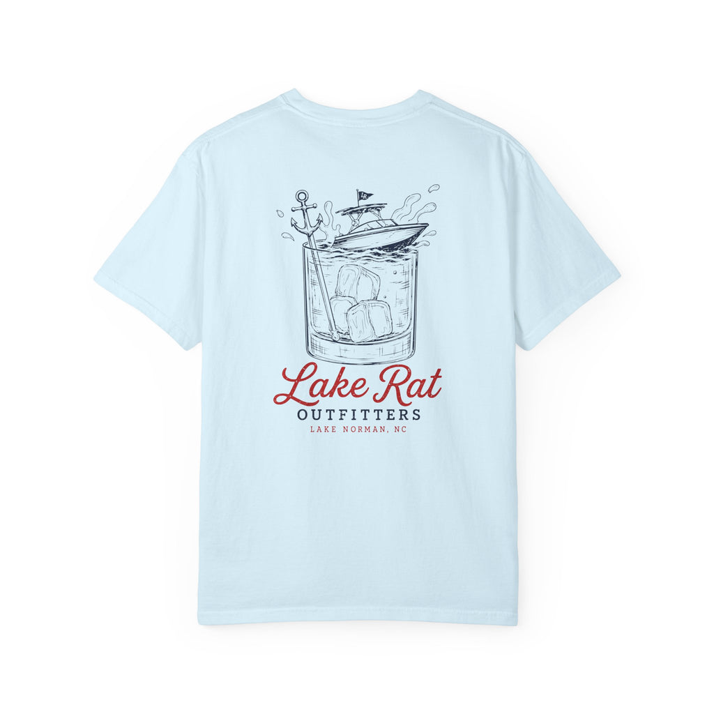 Lake Rat Outfitters T-Shirt — Nautical Boat Over Whiskey Glass Back Graphic