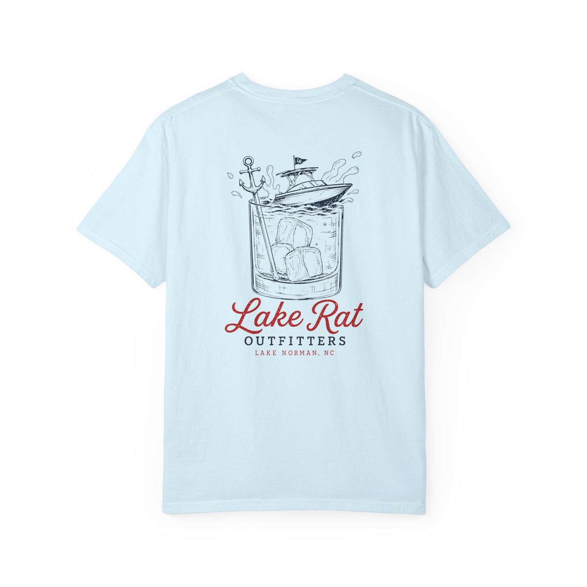 Lake Rat Outfitters T-Shirt — Nautical Boat Over Whiskey Glass Back Graphic