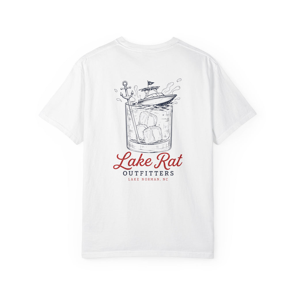 Lake Rat Outfitters T-Shirt — Nautical Boat Over Whiskey Glass Back Graphic