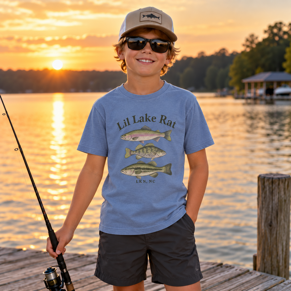 Lil Lake Rat Kids Tee — Youth Fishing Shirt with Fish Trio (LKN, NC)