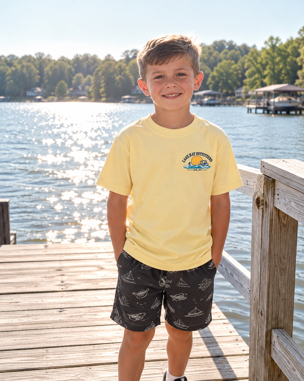 Youth Tee — 'Happiness Comes in Wakes' Lake Boat Surf Graphic