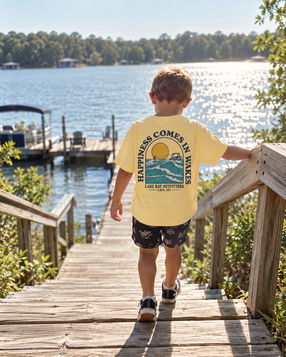 Youth Tee — 'Happiness Comes in Wakes' Lake Boat Surf Graphic