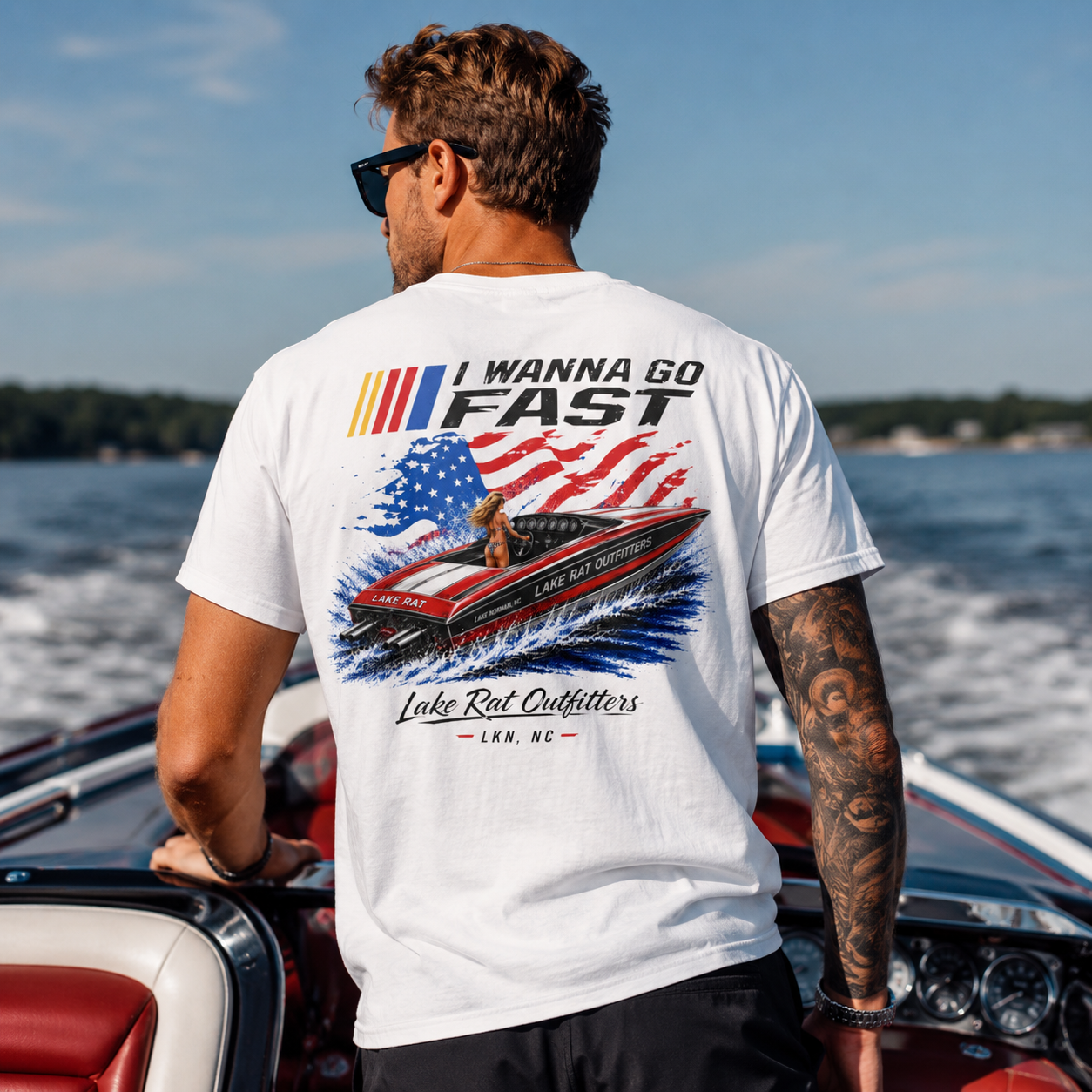 I Wanna Go Fast Boat T-Shirt — Retro American Flag Speedboat Tee