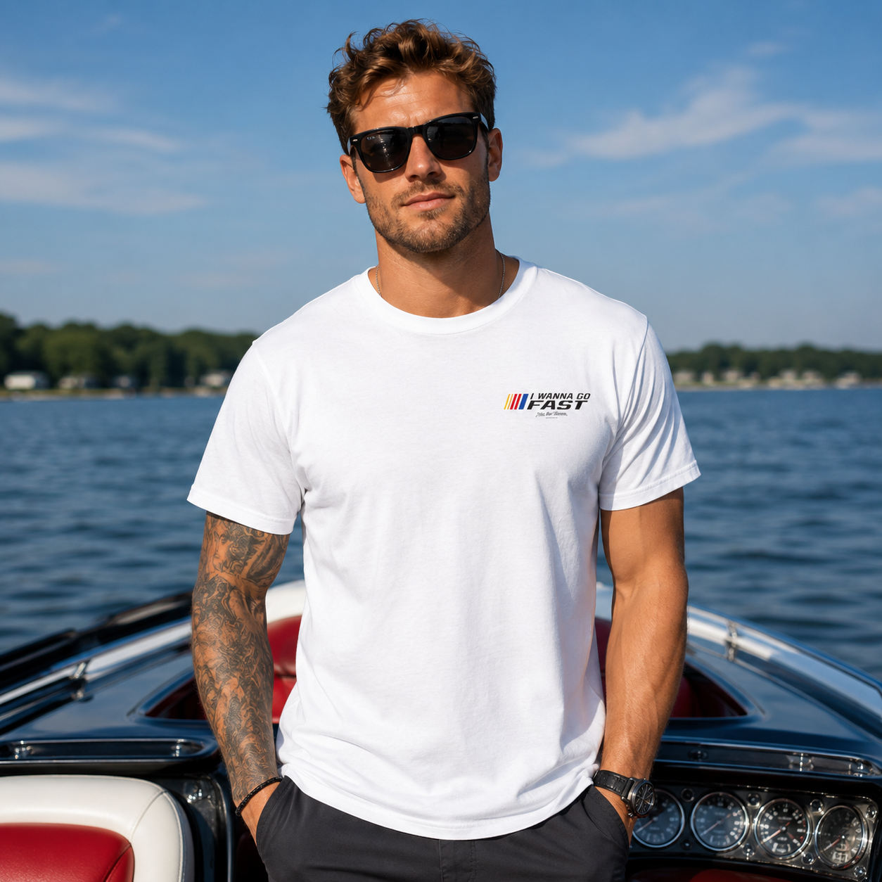 I Wanna Go Fast Boat T-Shirt — Retro American Flag Speedboat Tee