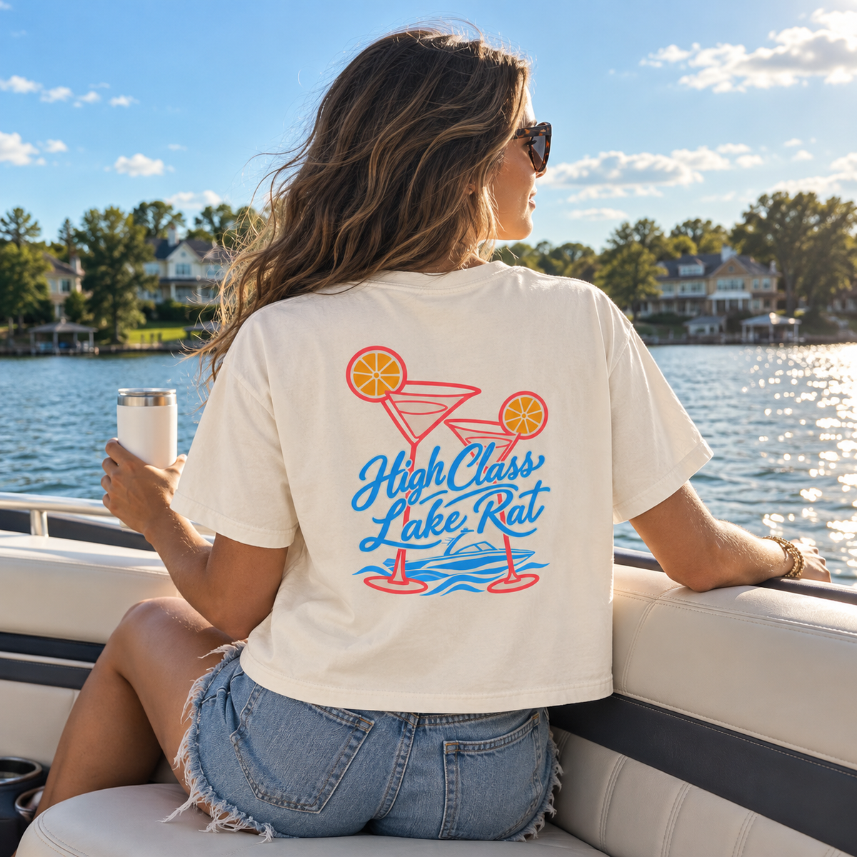 High Class Lake Rat Boxy Tee — Women's Crop T‑Shirt with Cocktail Lake Graphic