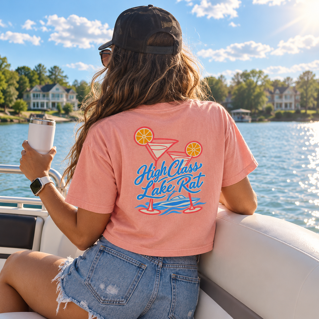 High Class Lake Rat Boxy Tee — Women's Crop T‑Shirt with Cocktail Lake Graphic