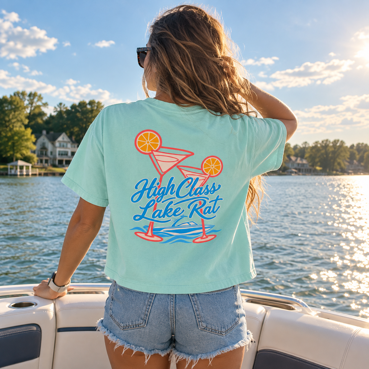 High Class Lake Rat Boxy Tee — Women's Crop T‑Shirt with Cocktail Lake Graphic