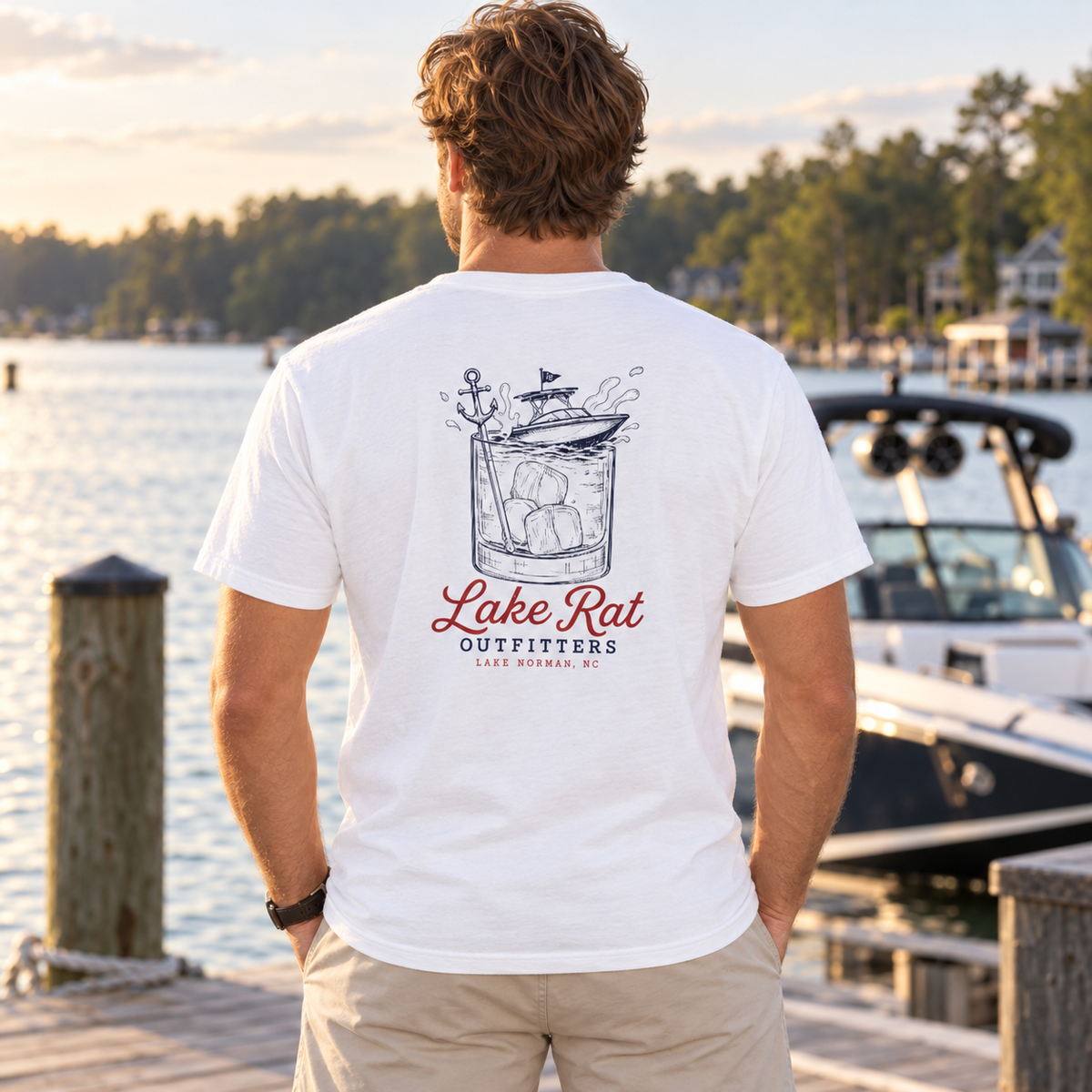 Lake Rat Outfitters T-Shirt — Nautical Boat Over Whiskey Glass Back Graphic