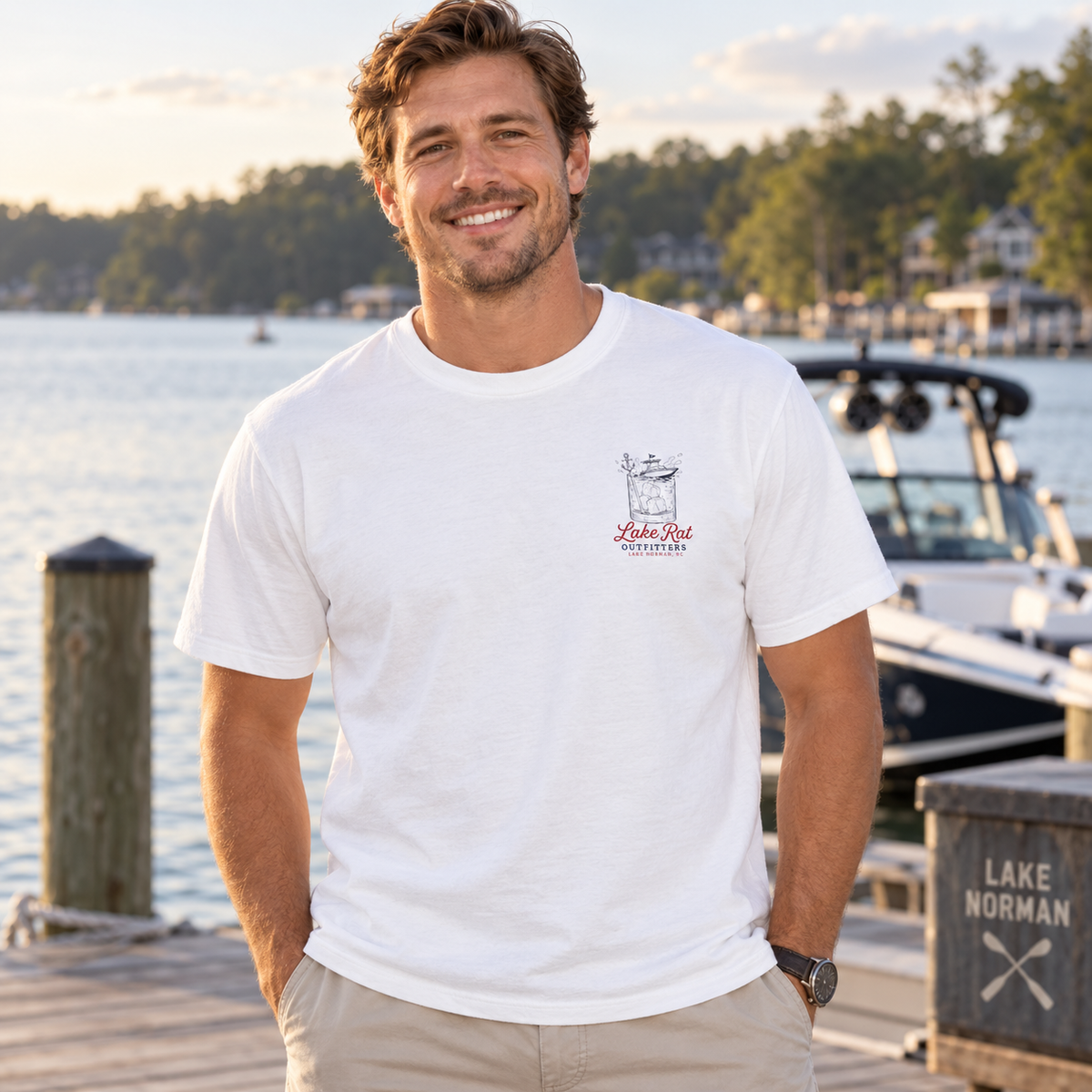 Lake Rat Outfitters T-Shirt — Nautical Boat Over Whiskey Glass Back Graphic