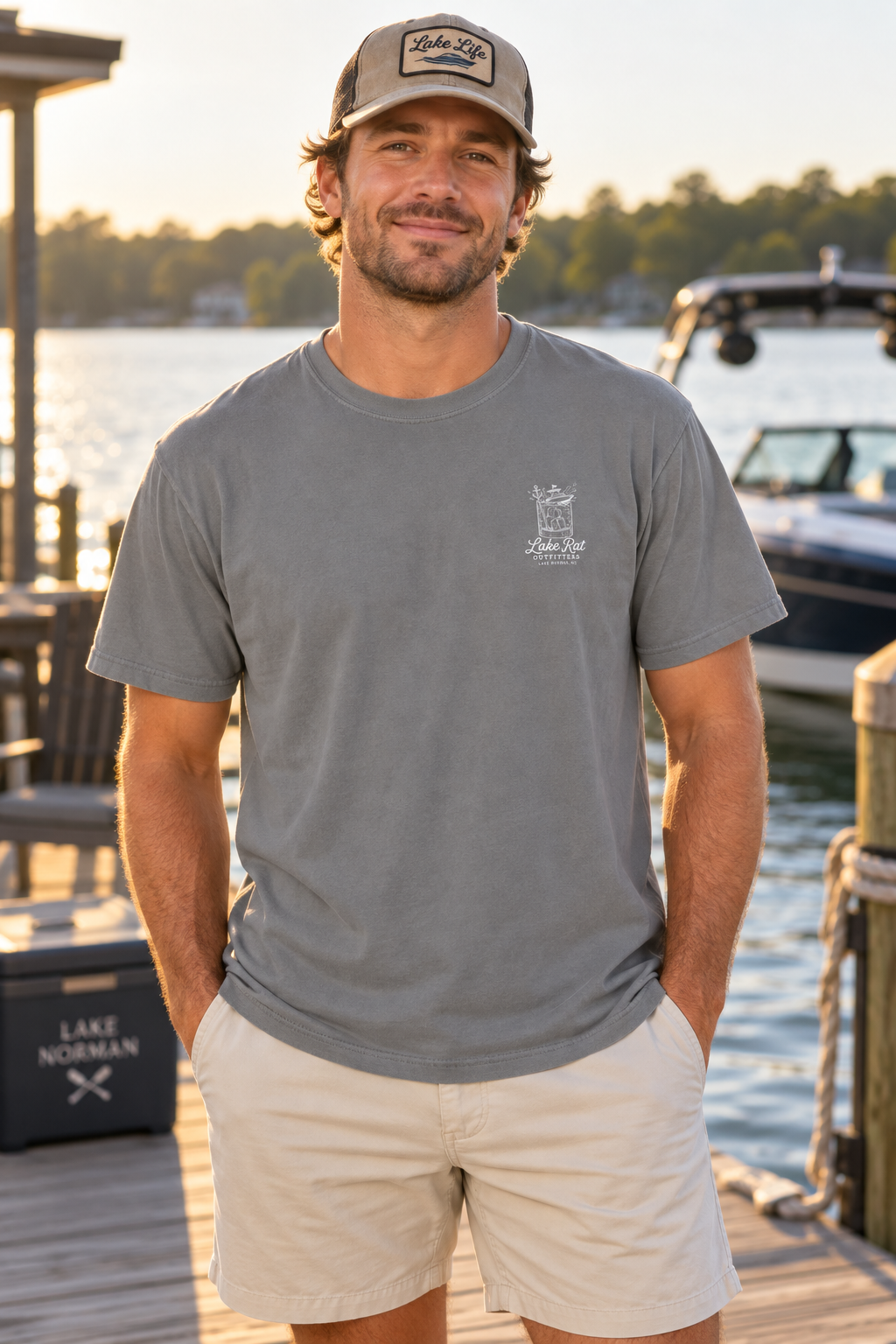 Lake Rat Outfitters T-Shirt — Nautical Boat Over Whiskey Glass Back Graphic