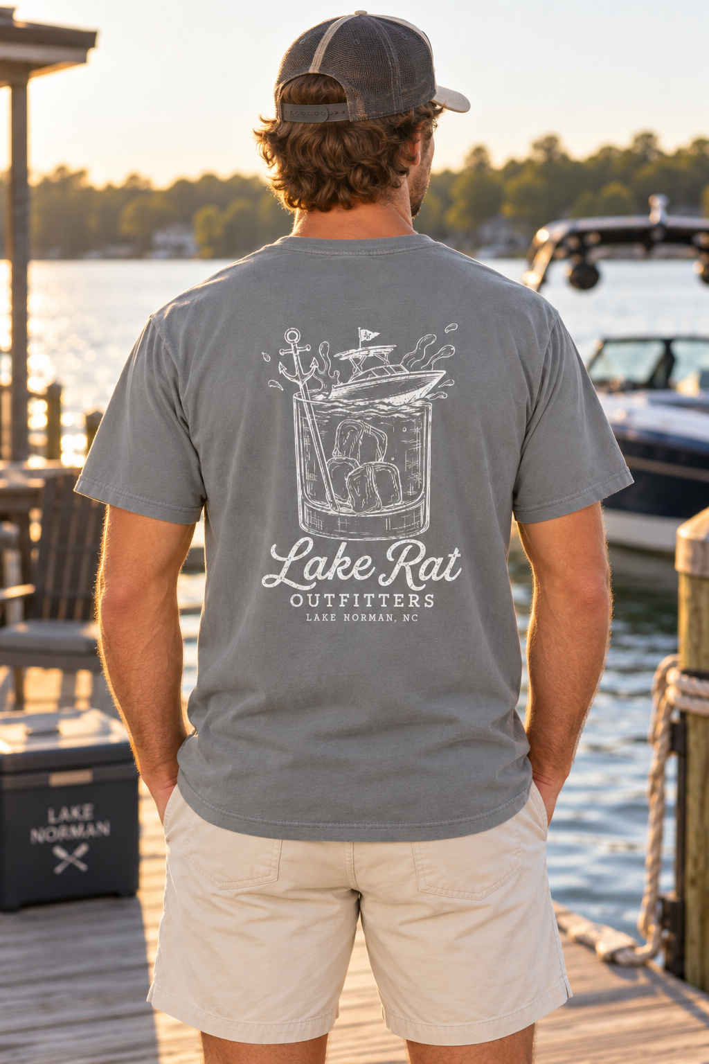 Lake Rat Outfitters T-Shirt — Nautical Boat Over Whiskey Glass Back Graphic