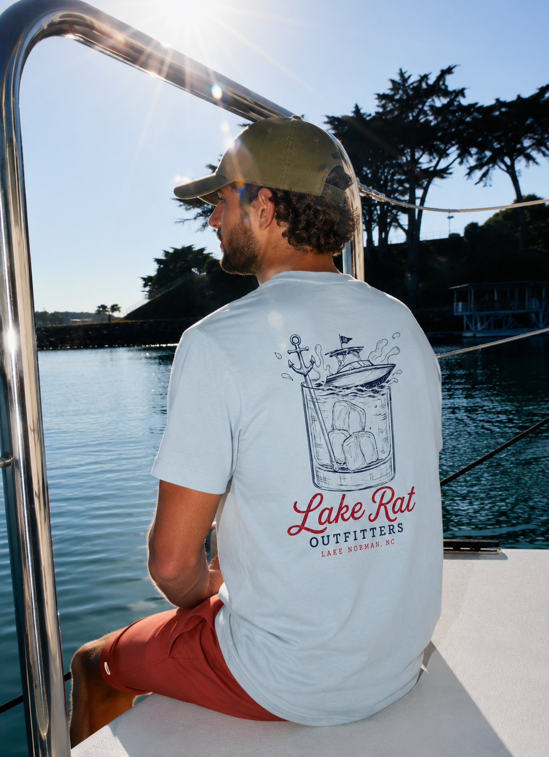 Lake Rat Outfitters T-Shirt — Nautical Boat Over Whiskey Glass Back Graphic
