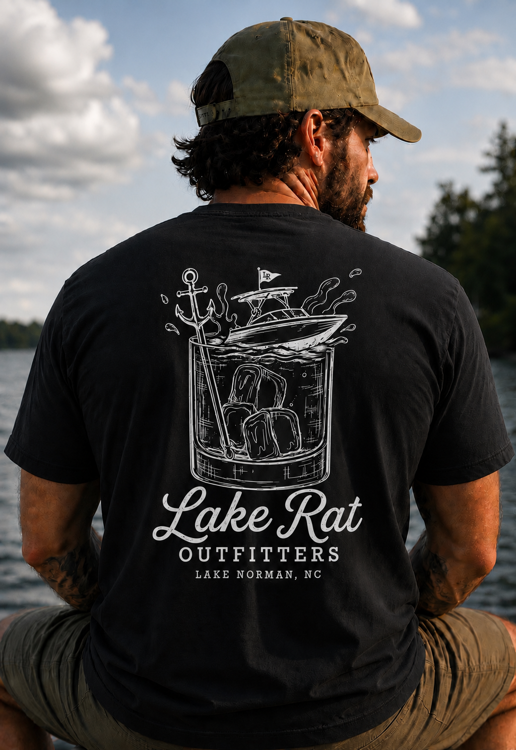 Lake Rat Outfitters T-Shirt — Nautical Boat Over Whiskey Glass Back Graphic