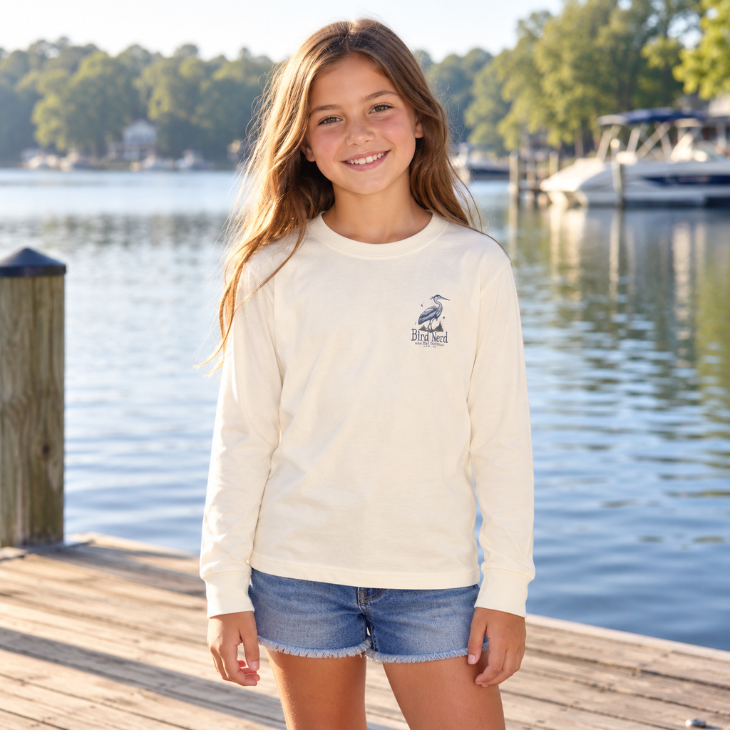 Youth Long Sleeve Tee — "Zero Egrets" Heron Graphic