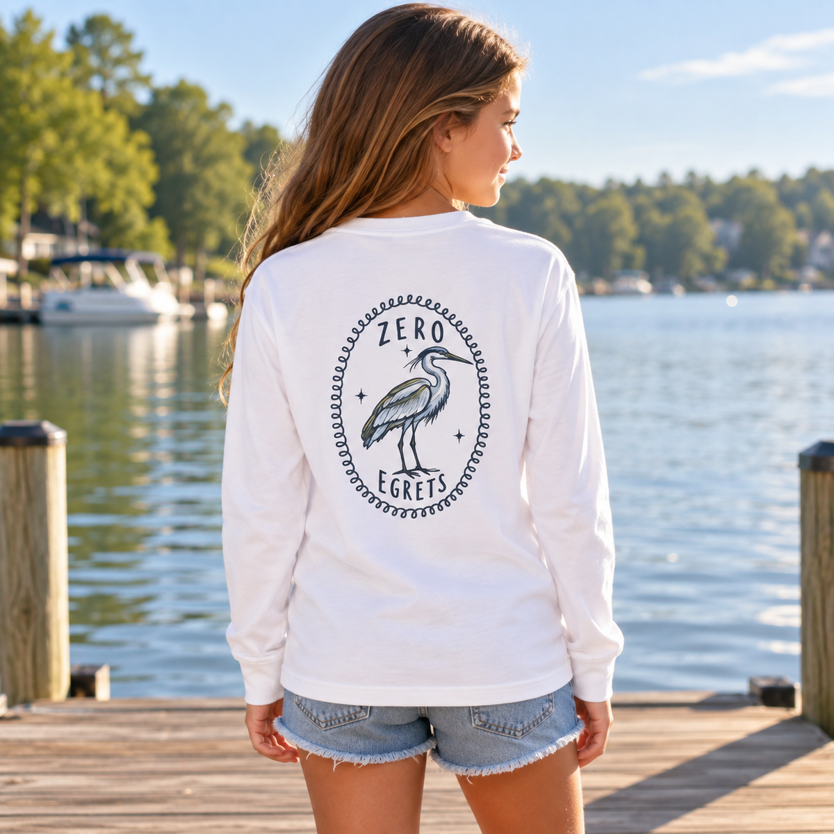Youth Long Sleeve Tee — "Zero Egrets" Heron Graphic