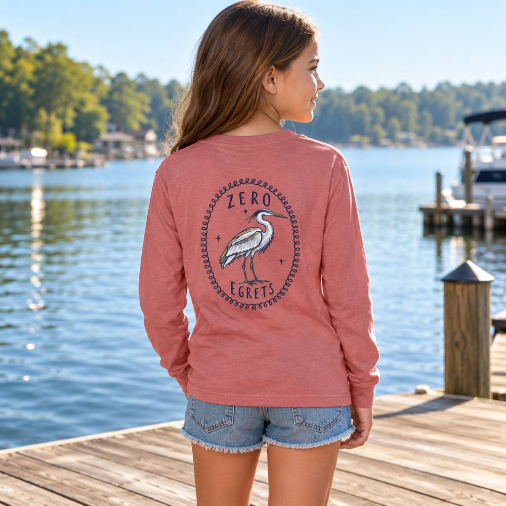Youth Long Sleeve Tee — "Zero Egrets" Heron Graphic