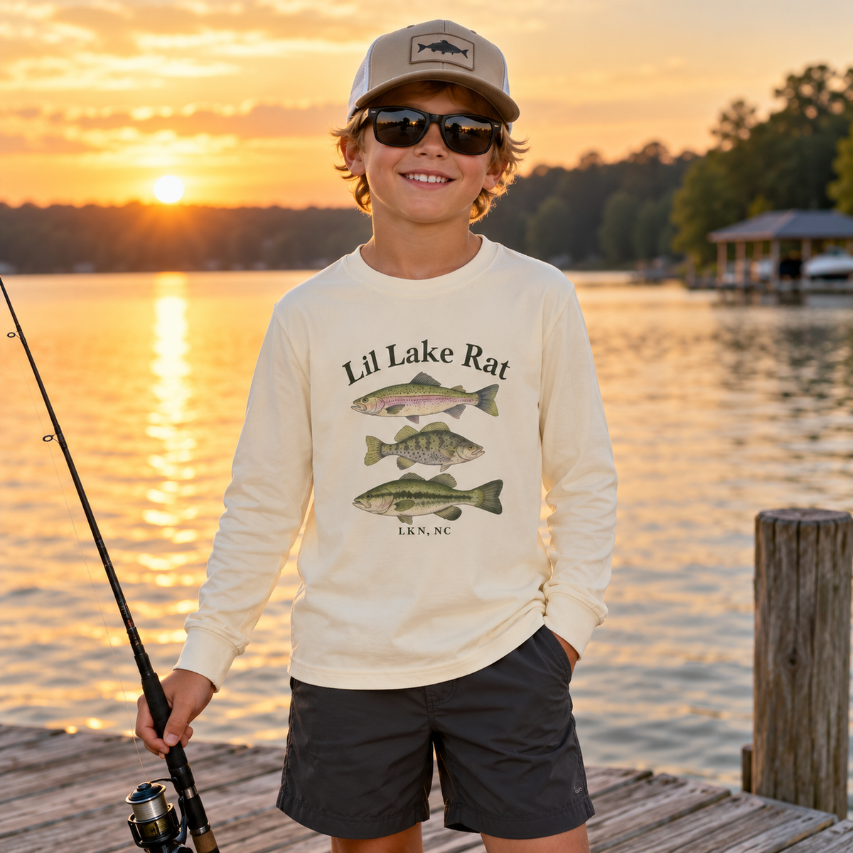 Youth Long Sleeve Tee — "Lil Lake Rat" Vintage Fish Graphic (Lake Life)