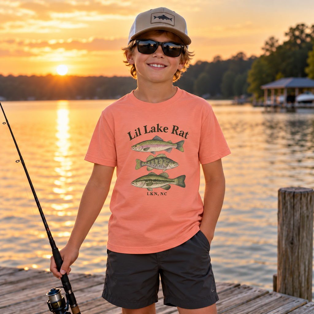 Lil Lake Rat Kids Tee — Youth Fishing Shirt with Fish Trio (LKN, NC)