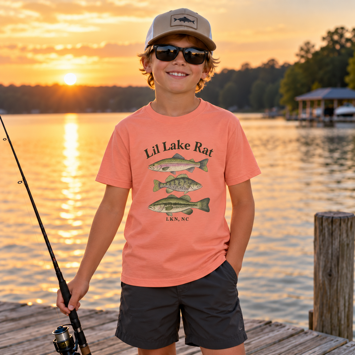 Lil Lake Rat Kids Tee — Youth Fishing Shirt with Fish Trio (LKN, NC)