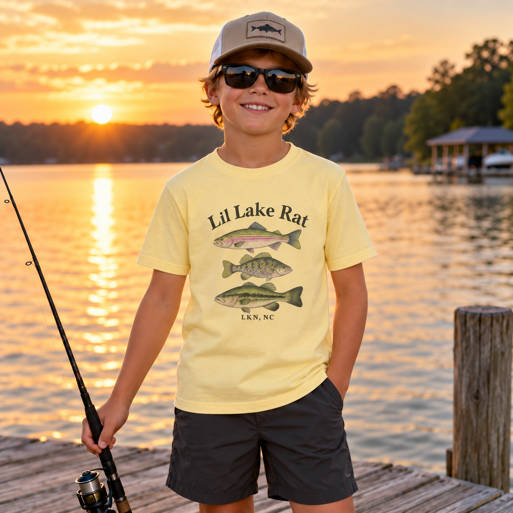 Lil Lake Rat Kids Tee — Youth Fishing Shirt with Fish Trio (LKN, NC)