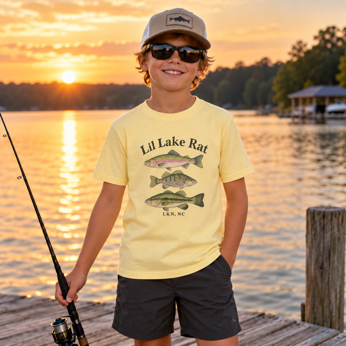 Lil Lake Rat Kids Tee — Youth Fishing Shirt with Fish Trio (LKN, NC)