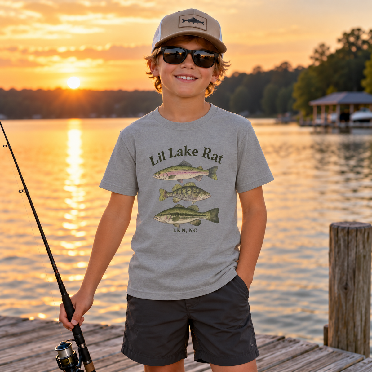 Lil Lake Rat Kids Tee — Youth Fishing Shirt with Fish Trio (LKN, NC)