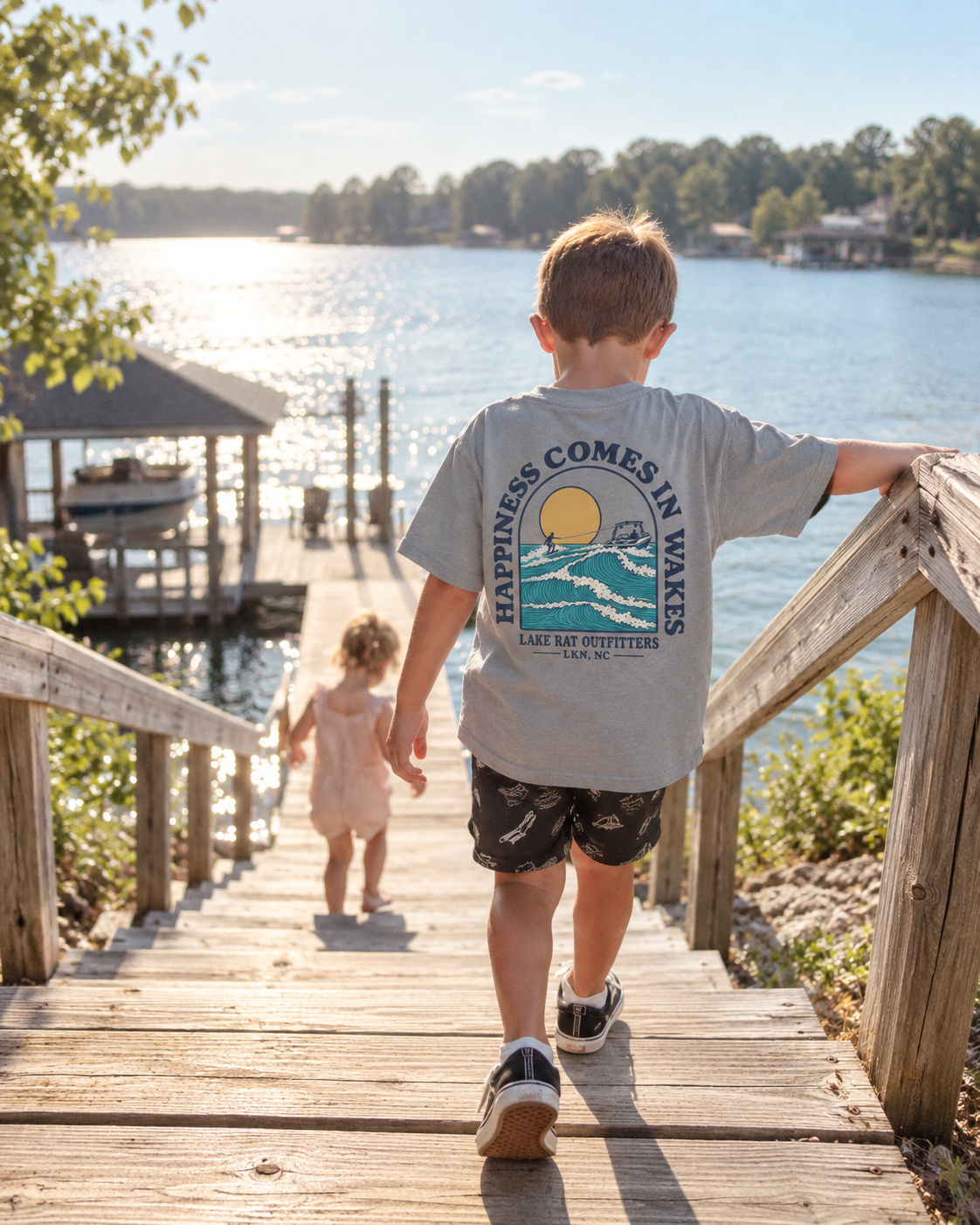 Youth Tee — 'Happiness Comes in Wakes' Lake Boat Surf Graphic